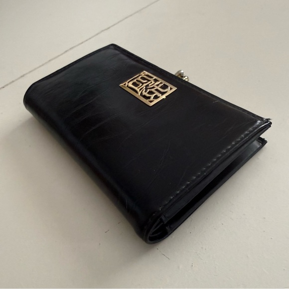 Vintage Black Leather Trifold Wallet Gold Kiss-Lock & Filigree Detail Luxury - Picture 7 of 7